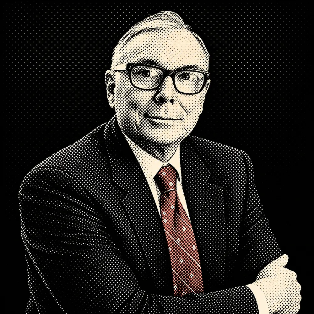 Halftone-dot portrait of Charlie Munger, cream on black