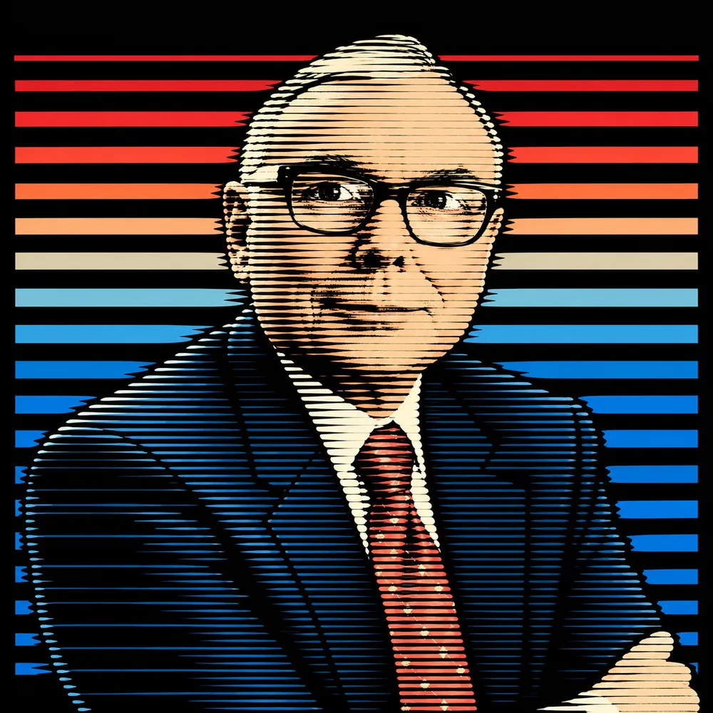 Scanline portrait of Charlie Munger over red-to-blue stripes