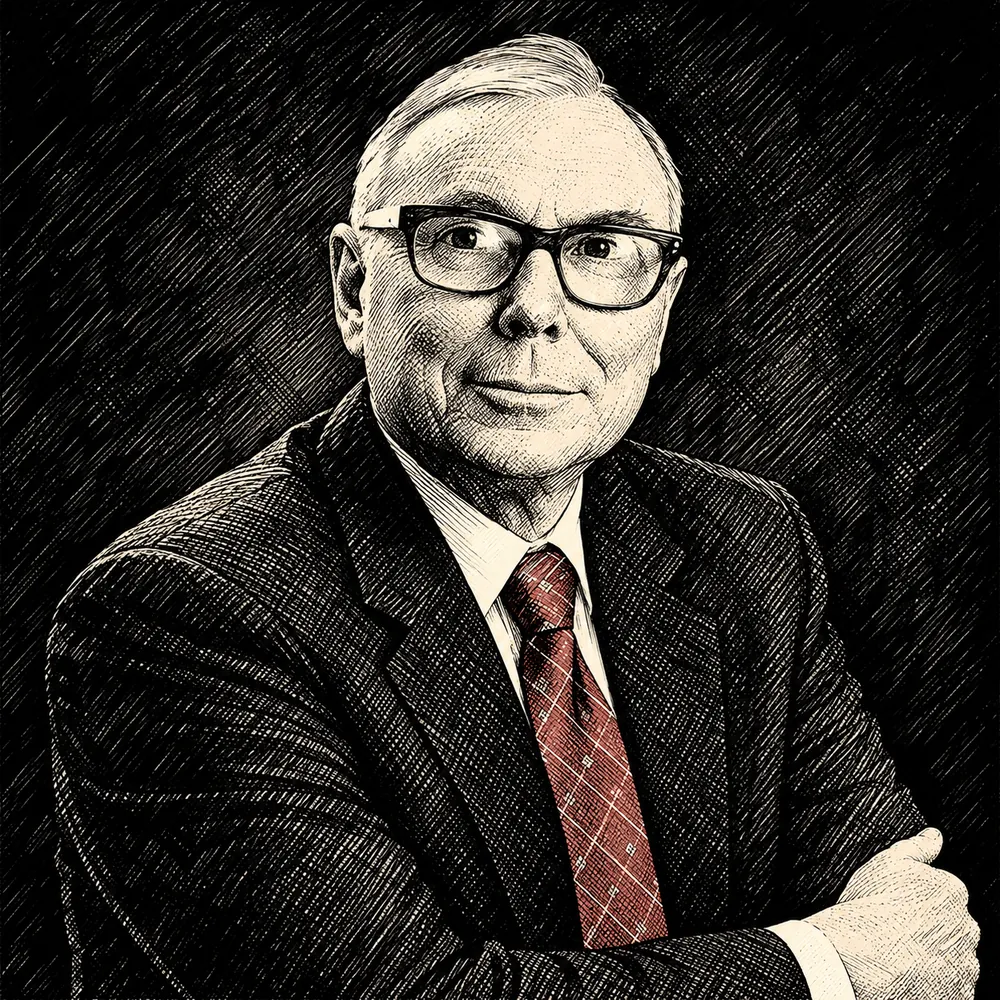 Crosshatched pen-and-ink portrait of Charlie Munger on black