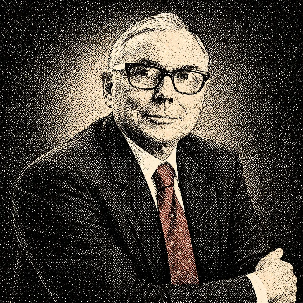 Stippled gold portrait of Charlie Munger on black