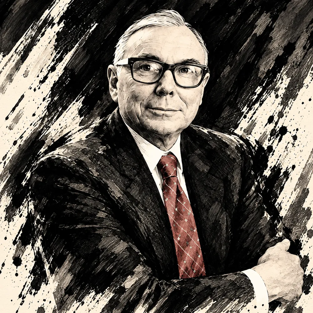 Ink-brush portrait of Charlie Munger on cream