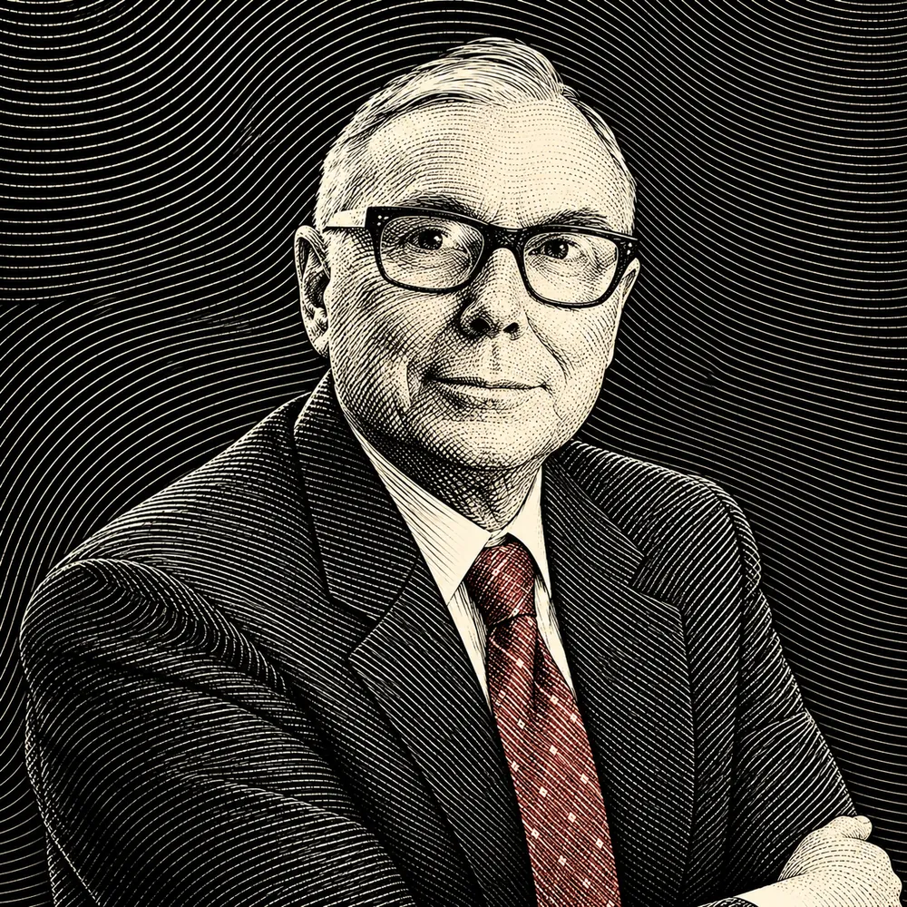 Engraved line-work portrait of Charlie Munger, cream on black