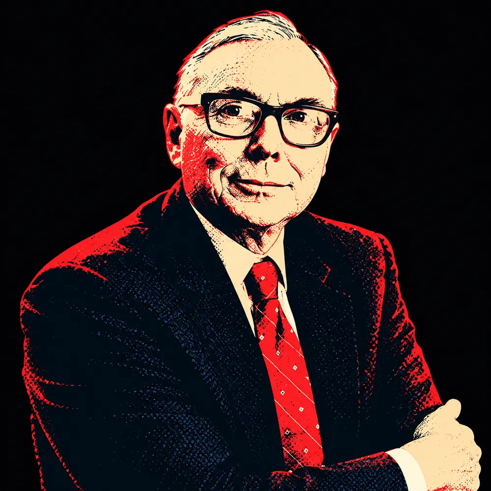 Two-tone red and black screenprint of Charlie Munger
