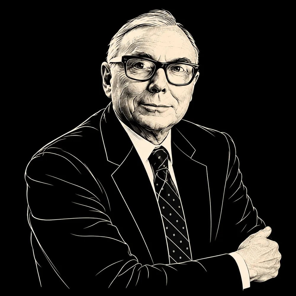 White line-drawing of Charlie Munger on solid black