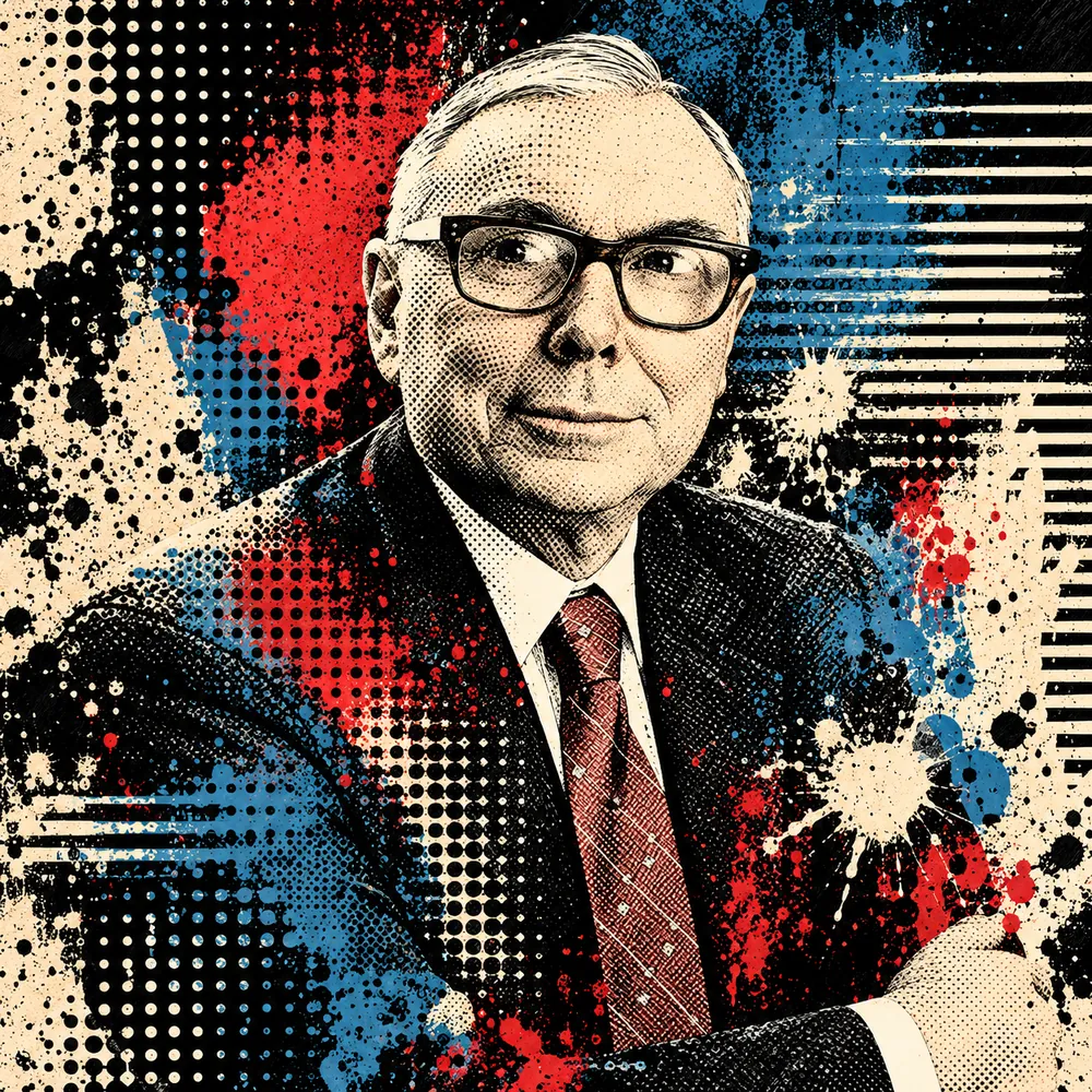 Splattered pop-art portrait of Charlie Munger in red, blue and cream
